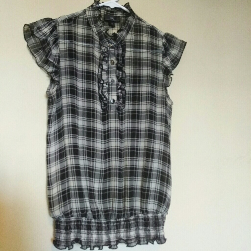 Plaid Banded Blouse with Buttons & Ruffles
